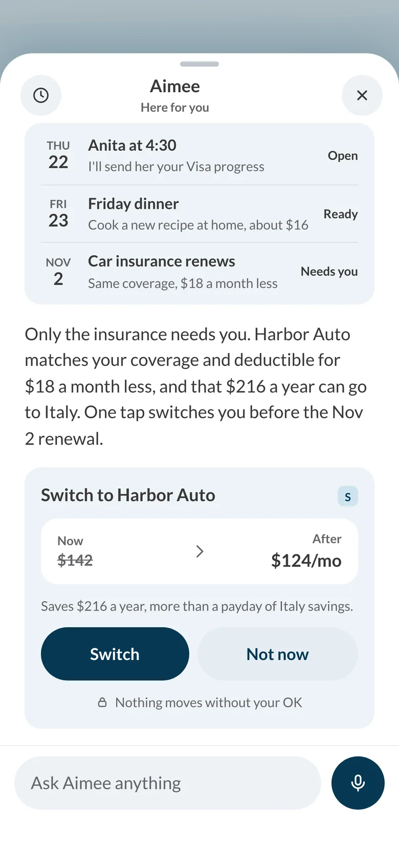 Aimee's chat with three upcoming items, a coach session, Friday dinner, and the insurance renewal, then a Switch to Harbor Auto card with Switch and Not now